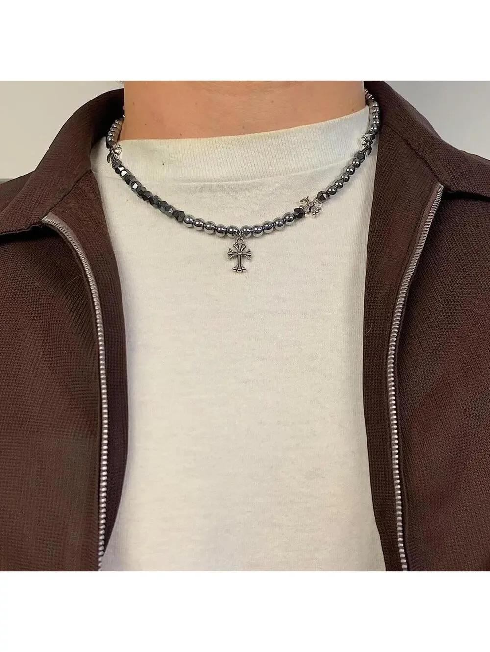 Cyber y2k 2000s style grunge chrome pearl rhinestone silver cross pendant Cuban